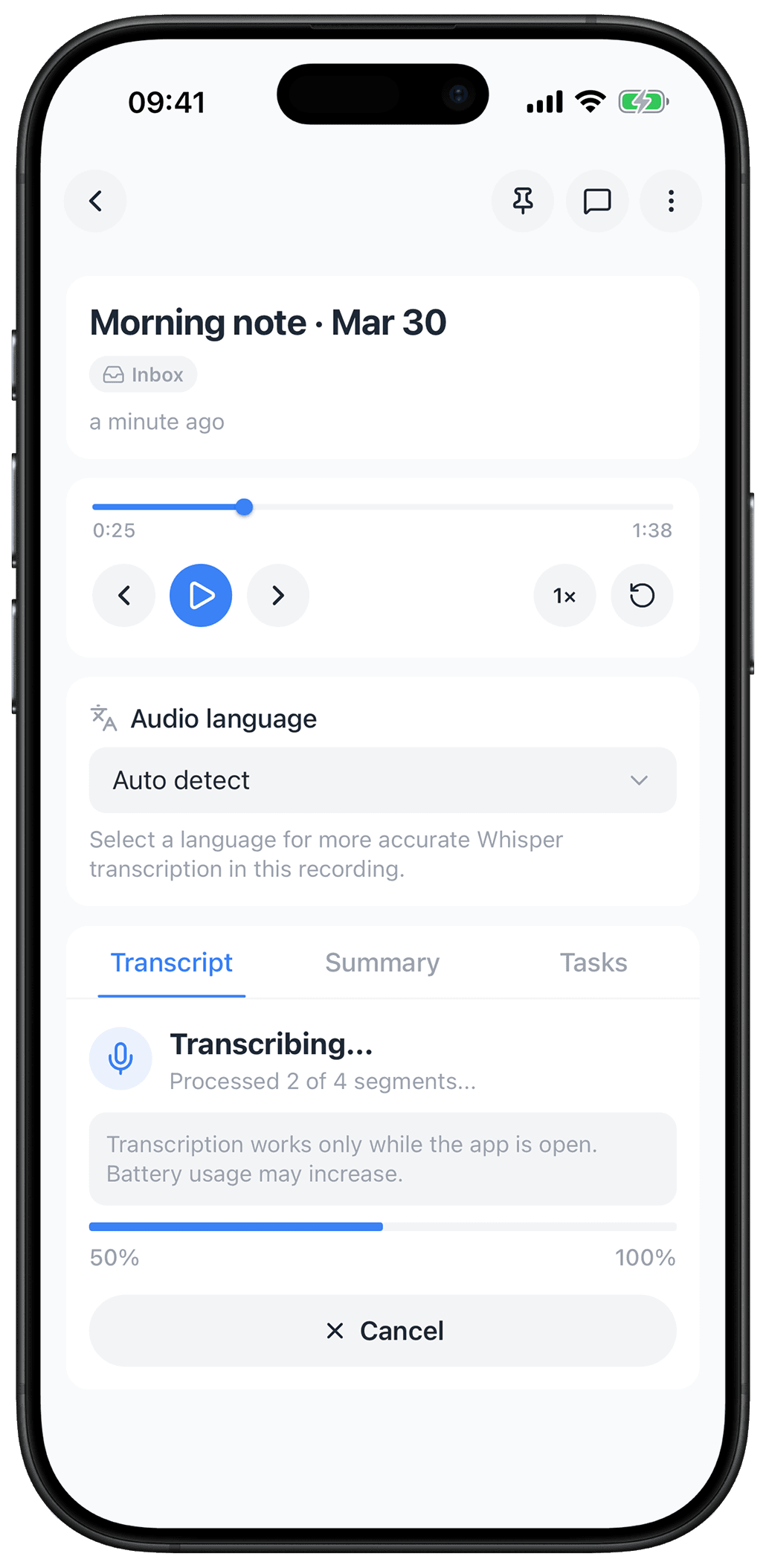 Voice Inbox AI note screen